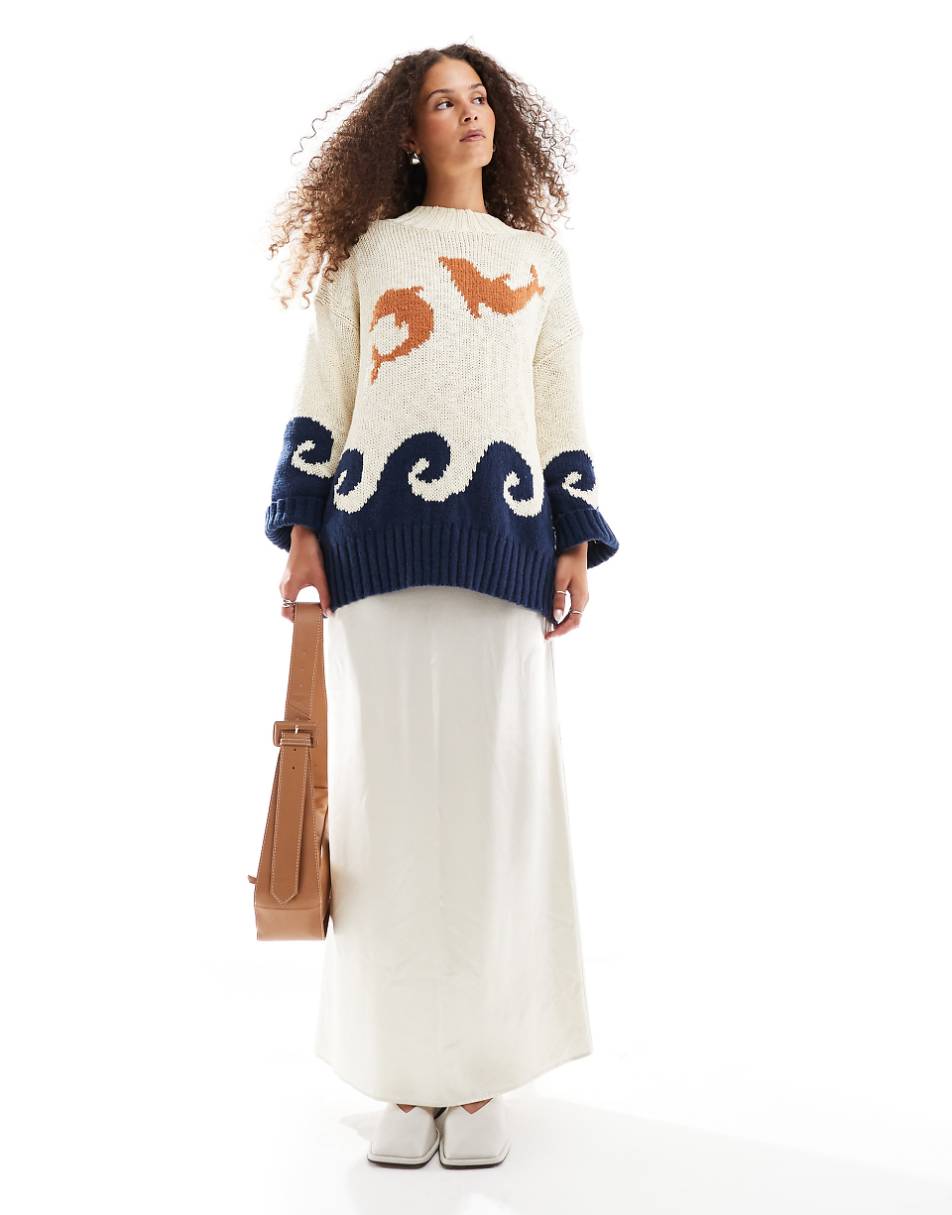 VRG GRL ace of something dolphin intarsia oversized sweater in multi