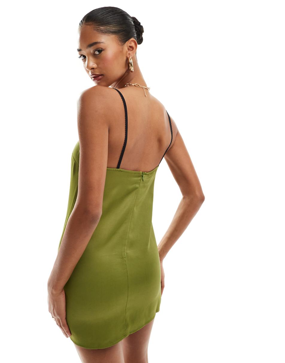 Pull&Bear bow detail strappy satin mini dress in olive green