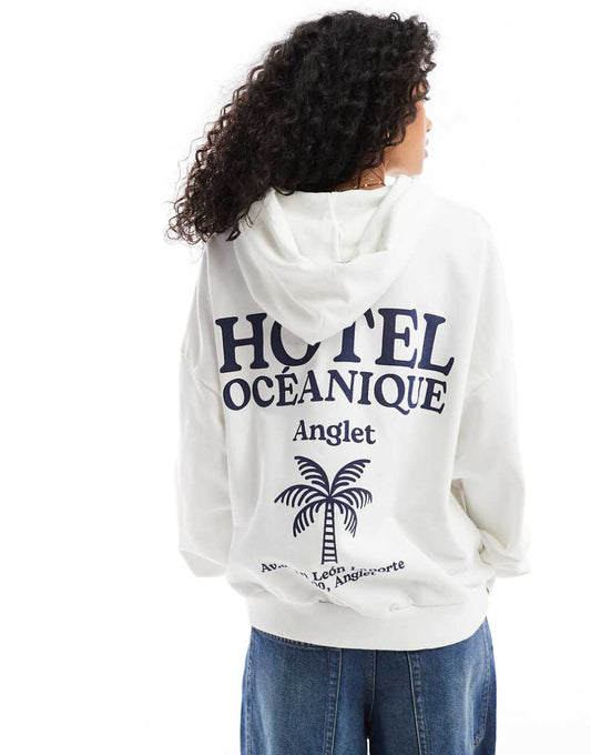 Pull&Bear Biarritz printed hoodie in white