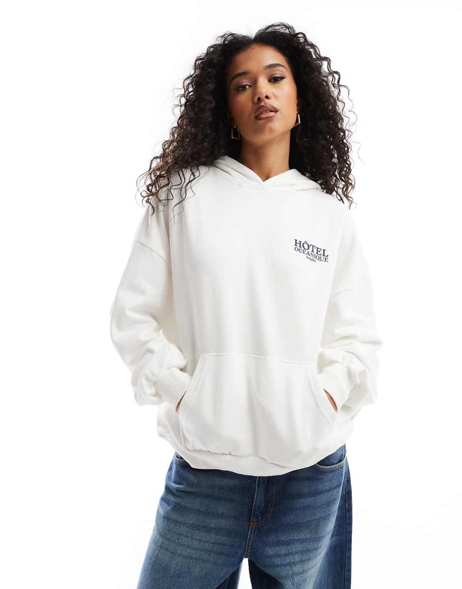 Pull&Bear Biarritz printed hoodie in white