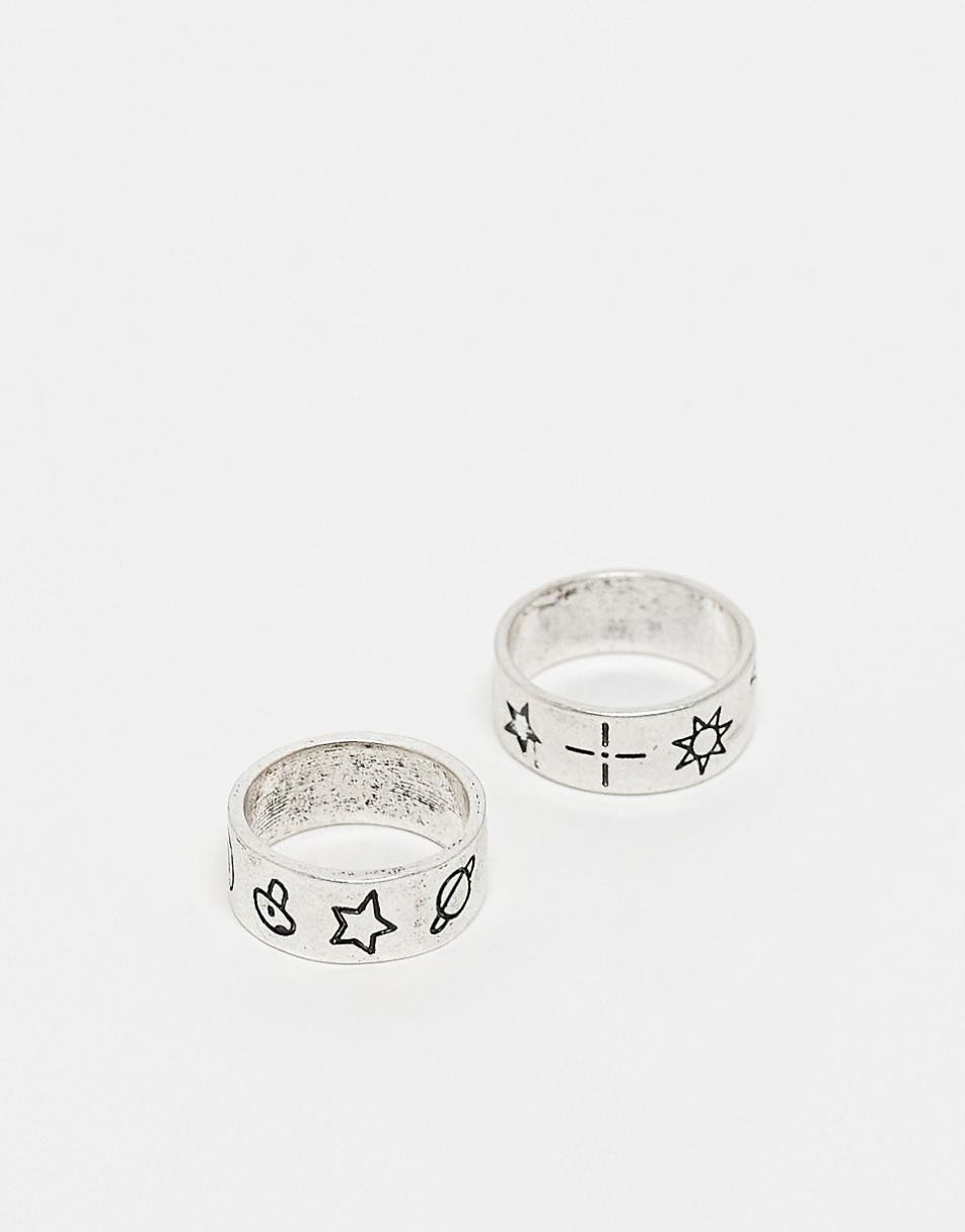 Reclaimed Vintage 2-pack unisex rings with doodles in burnished silver