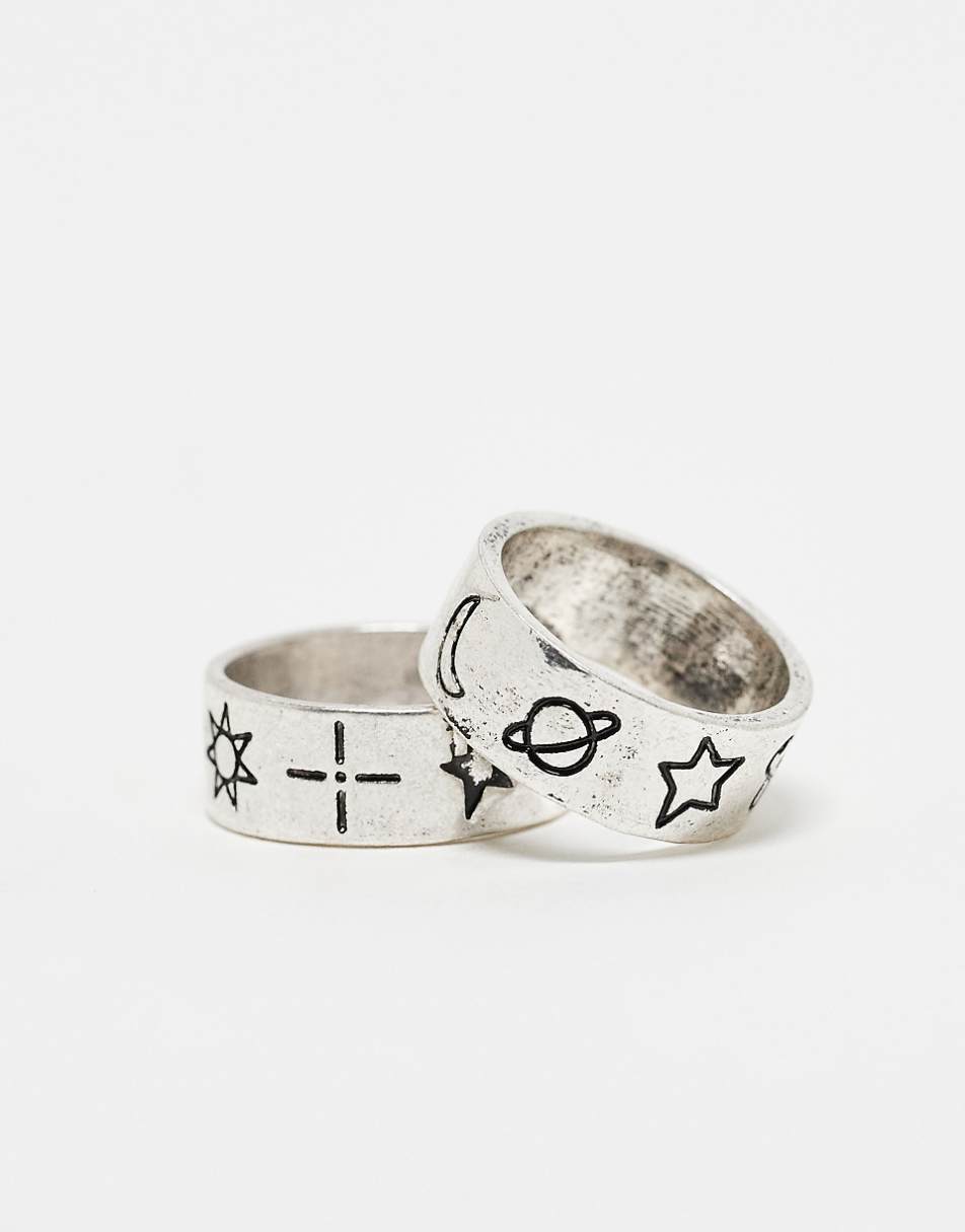 Reclaimed Vintage 2-pack unisex rings with doodles in burnished silver