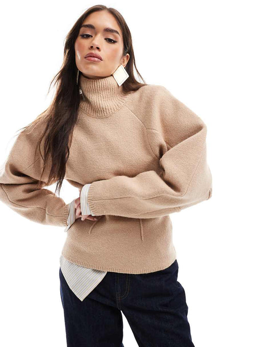 ASOS DESIGN funnel neck sweater with structured sleeve detail in camel