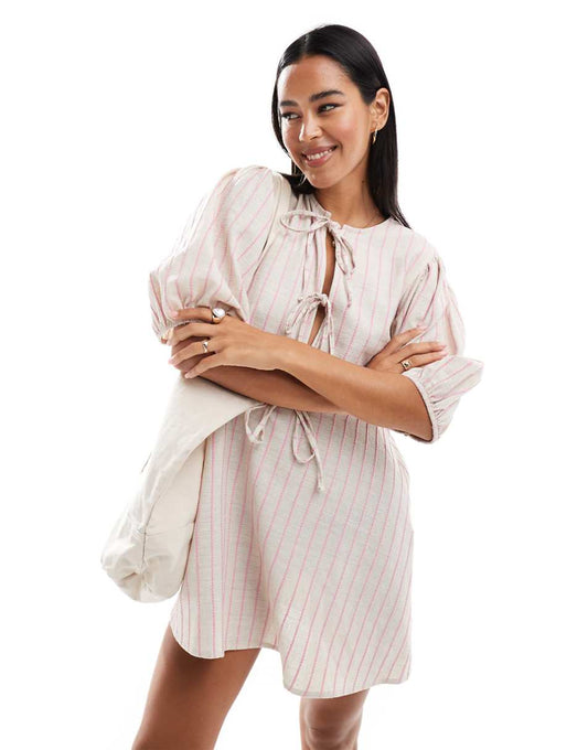 ASOS DESIGN linen look tie front peplum mini dress in natural stripe