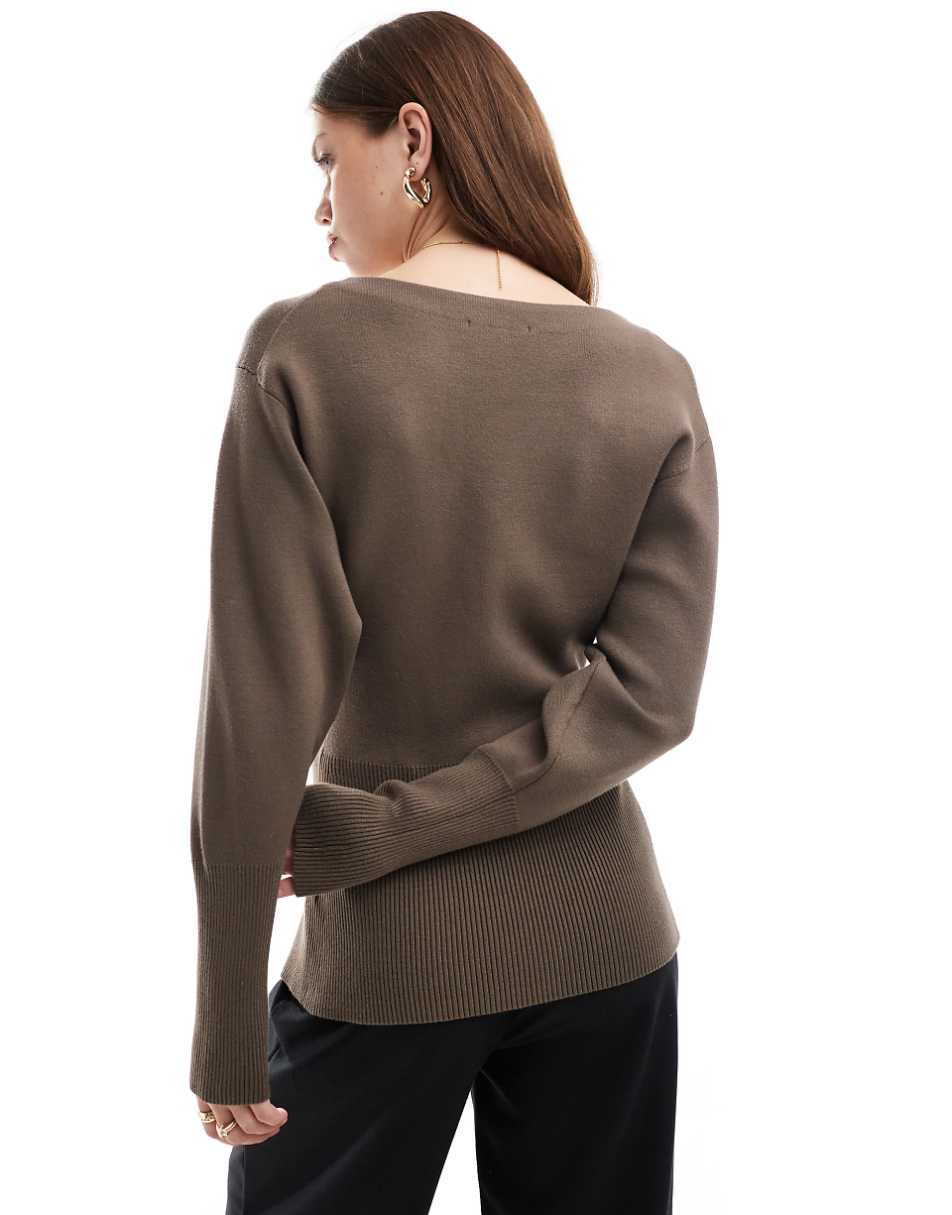 & Other Stories compact knit cardigan with v neck and volume sleeves in dark beige