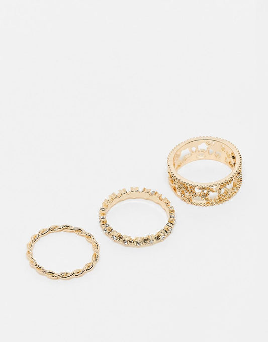 ASOS DESIGN 3-pack rings with celestial design in gold tone