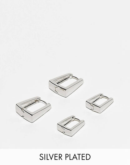 ASOS DESIGN silver plated pack of 2 hoop earrings with square hinge detail