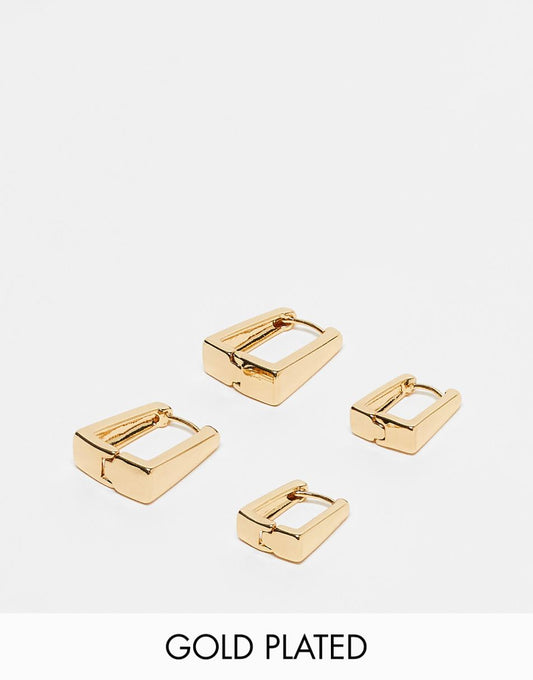 ASOS DESIGN 14k gold plated pack of 2 hoop earrings with square hinge detail