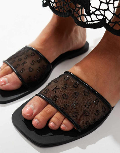 Bershka mesh flat sandals with gem embellishment in black