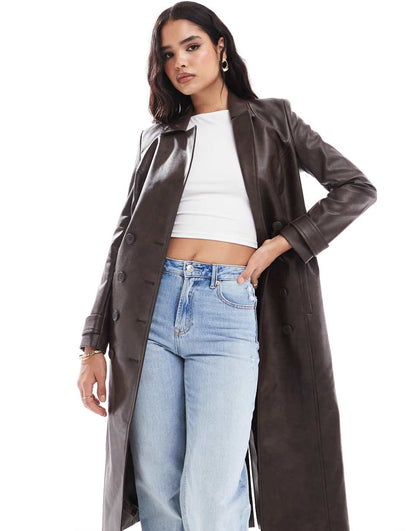 Bardot vegan leather trench coat in dark chocolate