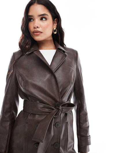 Bardot vegan leather trench coat in dark chocolate