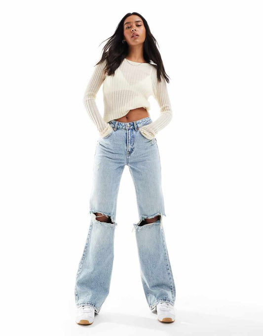 Stradivarius wide leg dad jeans with rips in medium blue