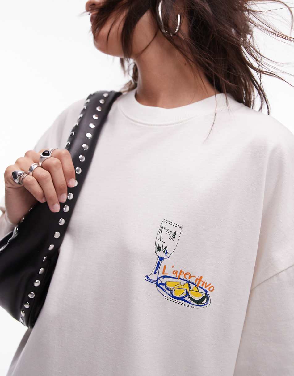 Topshop graphic L'aperitivo oversized tee in white