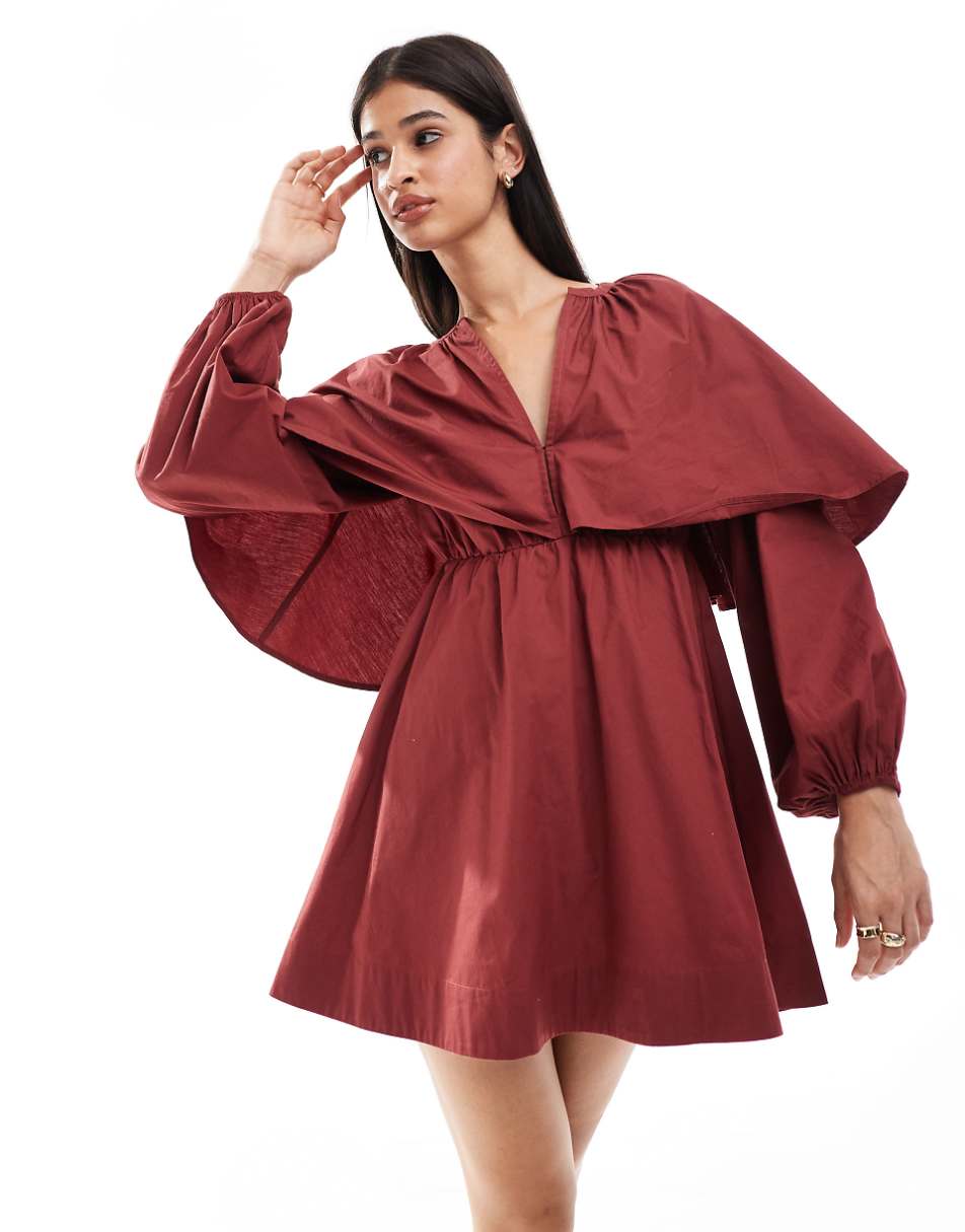 ASOS DESIGN cape detail mini dress in burgundy