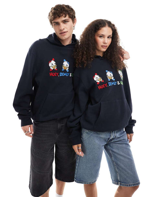 ASOS DESIGN Disney unisex oversized textured hoodie with Huey, Dewey and Louie prints and embroidery in navy