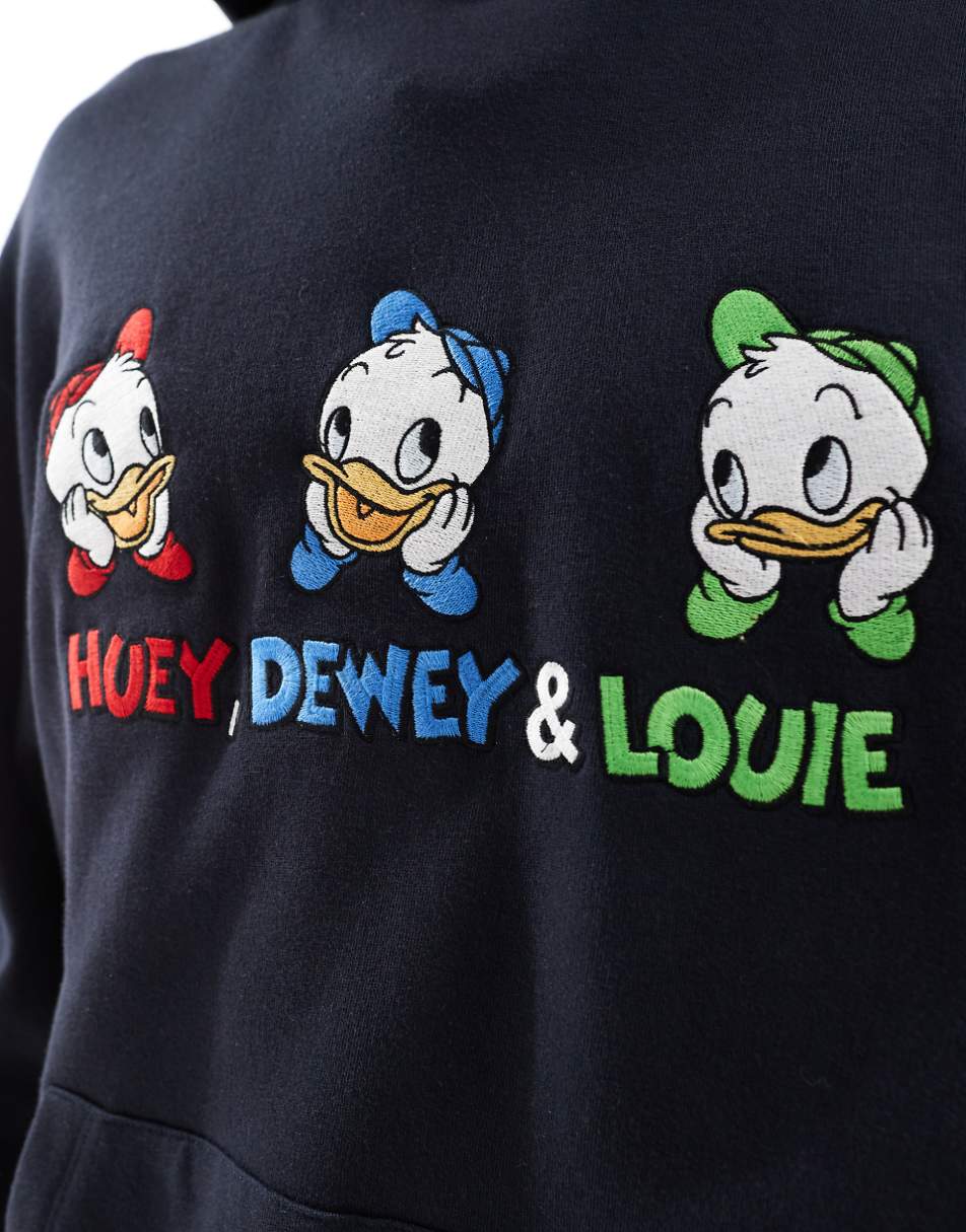 ASOS DESIGN Disney unisex oversized textured hoodie with Huey, Dewey and Louie prints and embroidery in navy