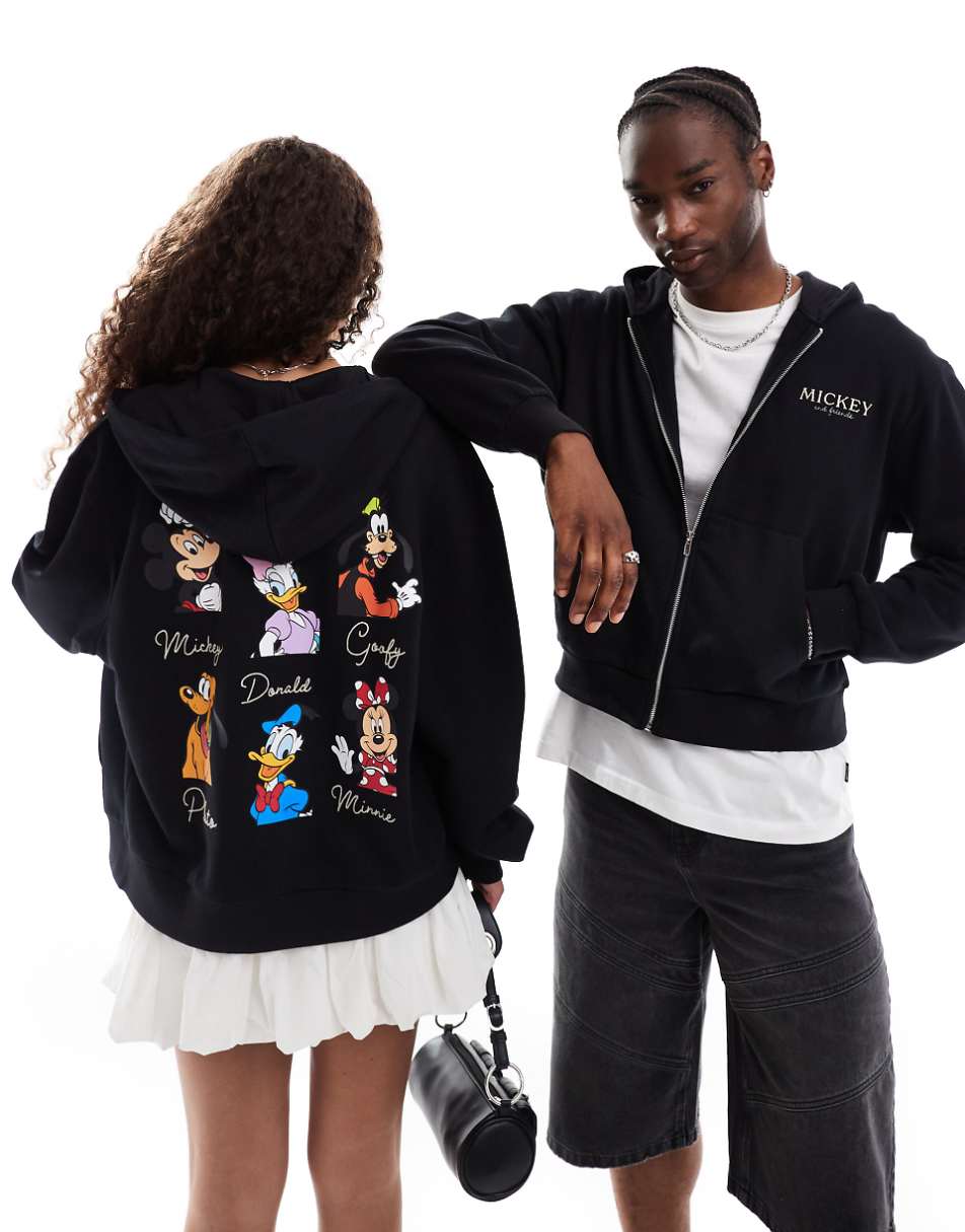 ASOS DESIGN Disney unisex oversized zip through hoodie with Mickey Mouse & friends prints in black