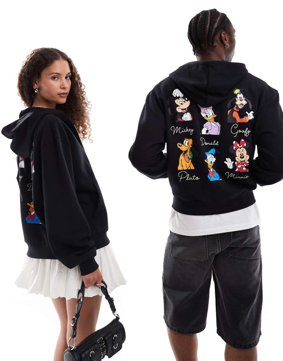 ASOS DESIGN Disney unisex oversized zip through hoodie with Mickey Mouse & friends prints in black