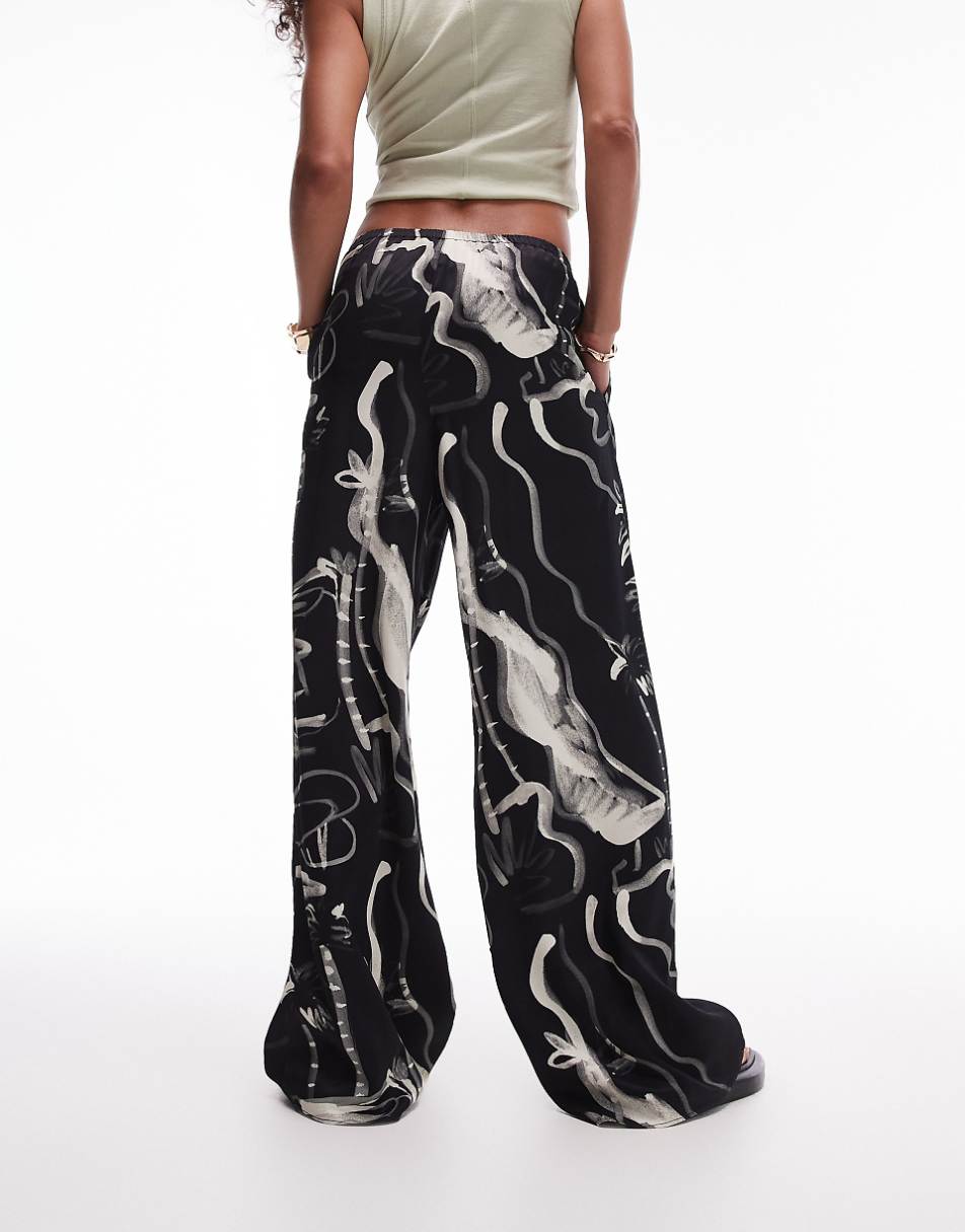 Topshop resort print satin wide leg pants in black and white