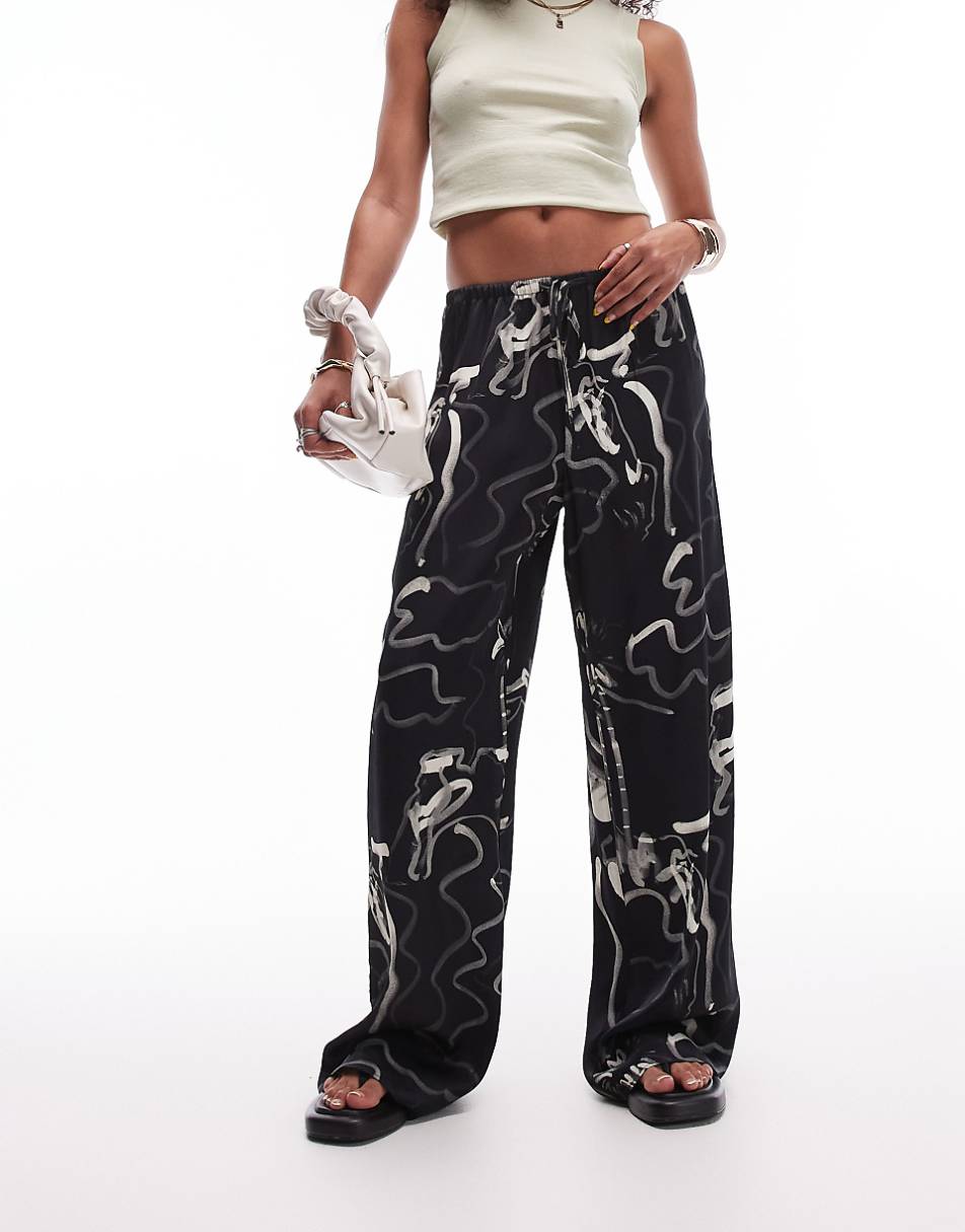 Topshop resort print satin wide leg pants in black and white