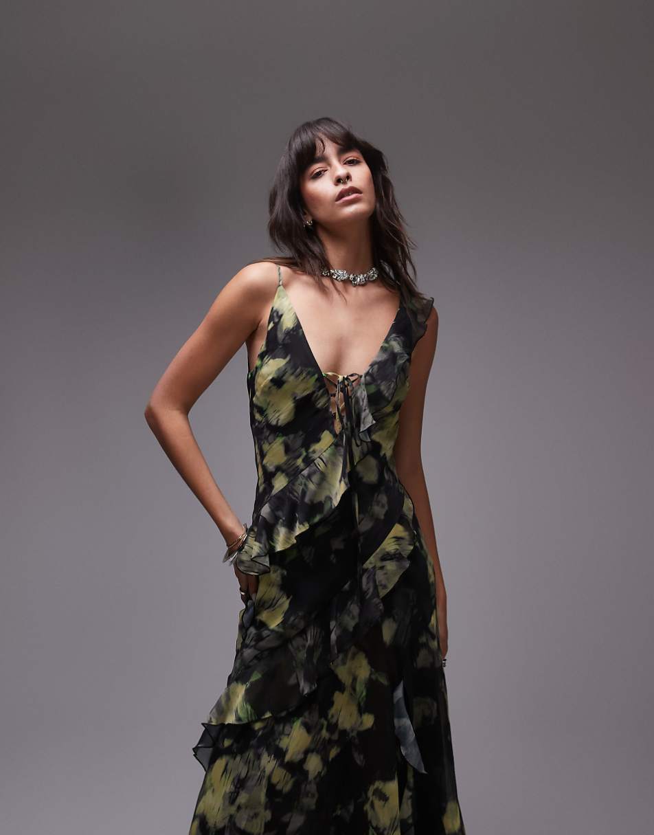 Topshop maxi slip dress with frills in yellow and green floral