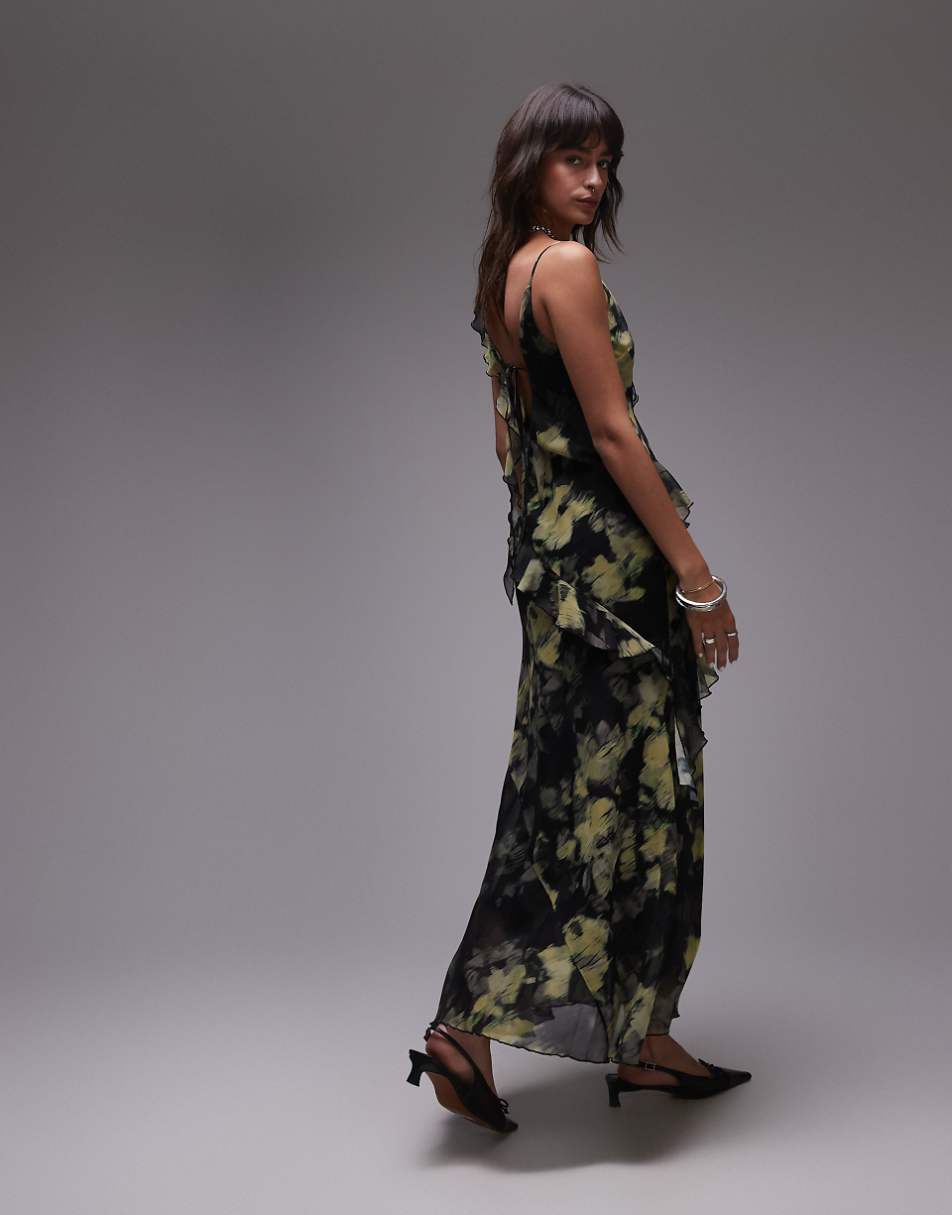 Topshop maxi slip dress with frills in yellow and green floral