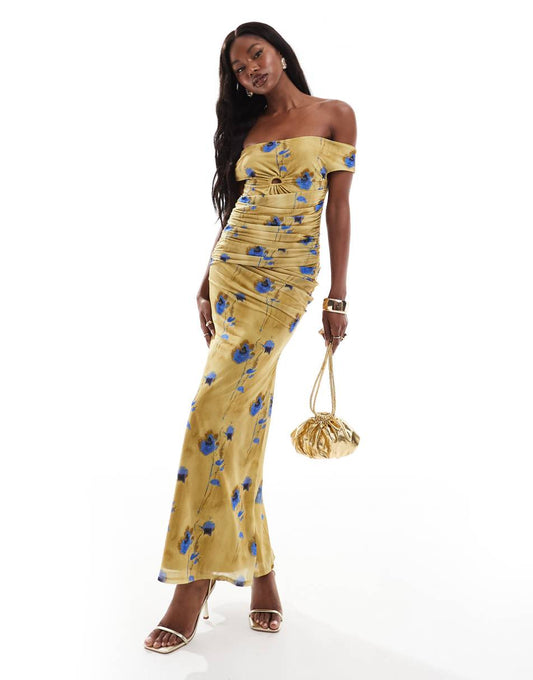 ASOS DESIGN bardot mesh drape midi dress in blurred yellow floral print