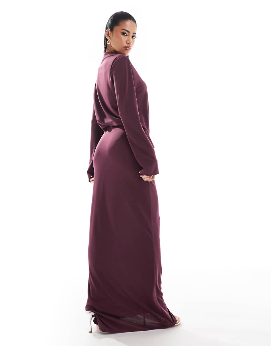 ASOS DESIGN long sleeve drape detail maxi dress in plum