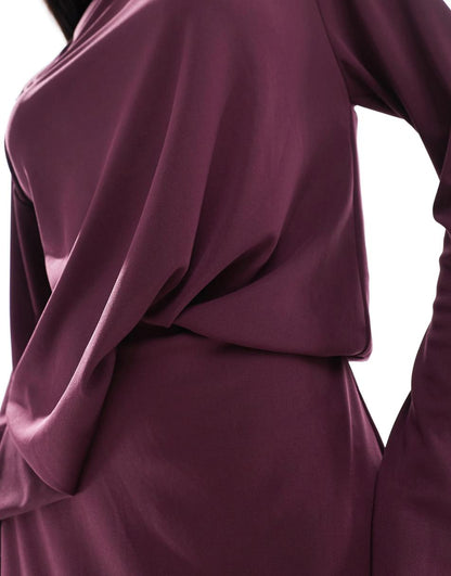 ASOS DESIGN long sleeve drape detail maxi dress in plum