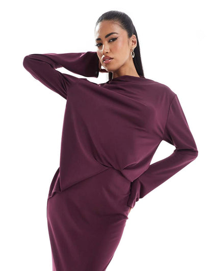 ASOS DESIGN long sleeve drape detail maxi dress in plum