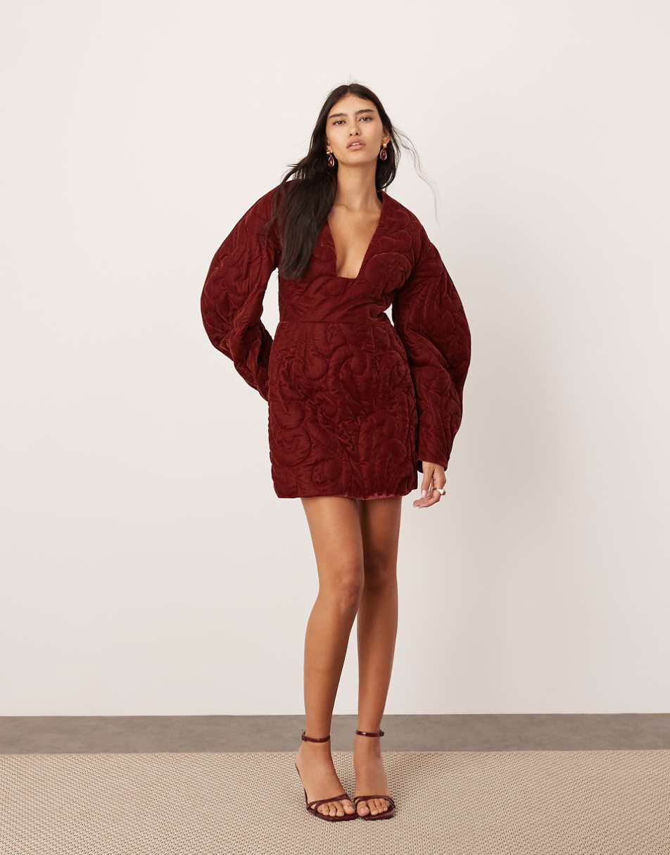 ASOS EDITION velvet embroidered quilted plunge mini dress with sleeve detail in burgundy
