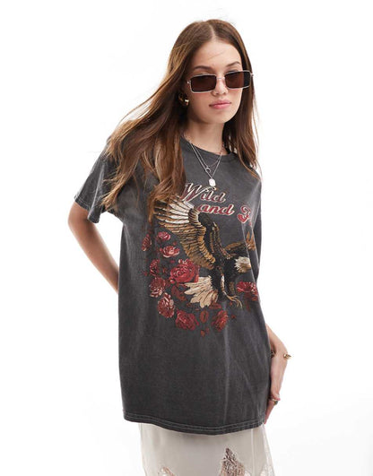 Miss Selfridge wild and free oversized washed t-shirt in gray