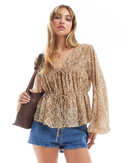 ASOS DESIGN long sleeve smock top with ties snake print