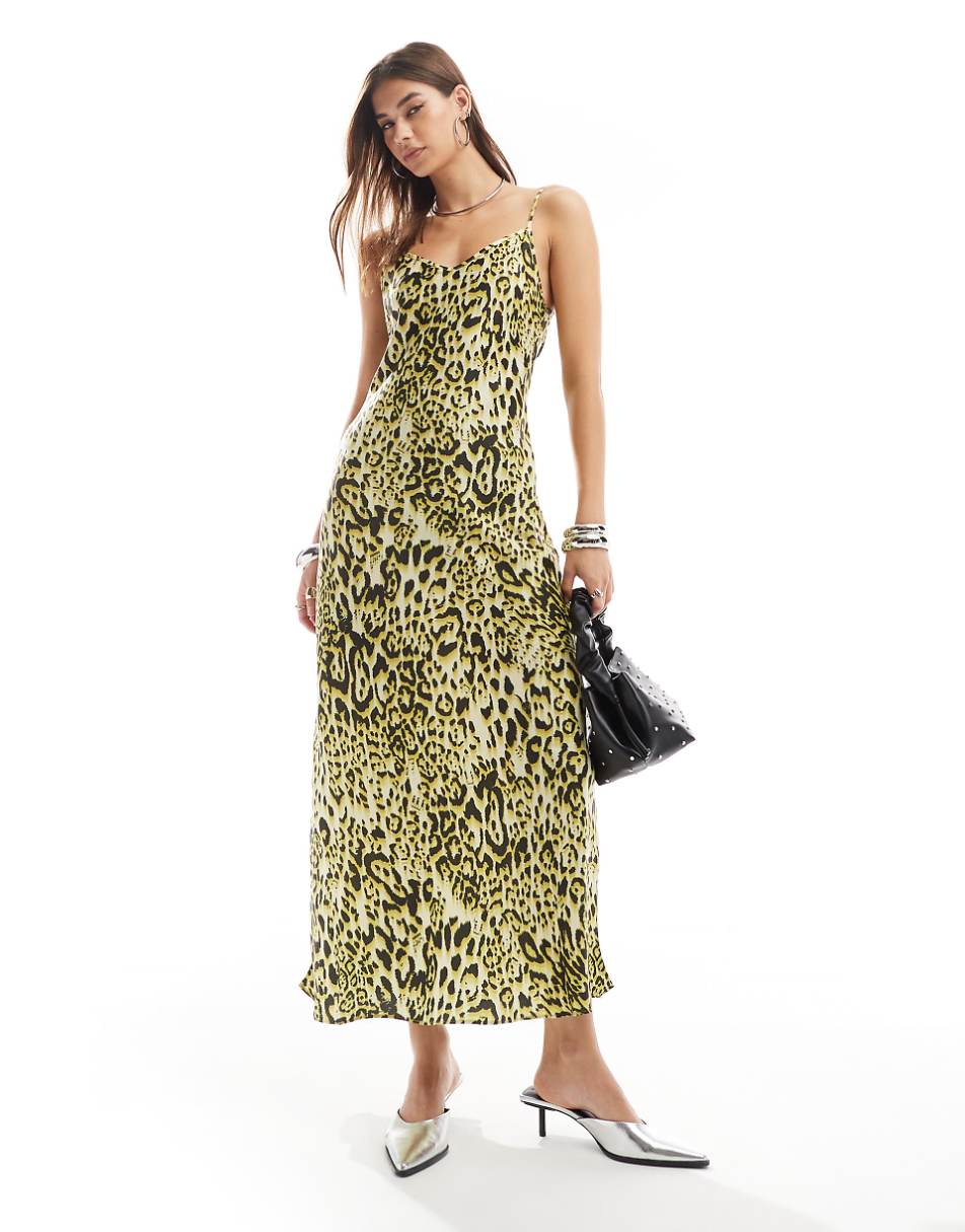 AllSaints Bryony satin midi dress in leopard print