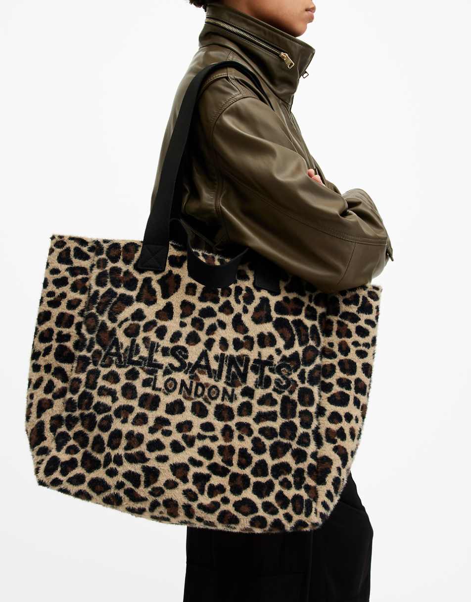 AllSaints Izzy fuzzy tote bag in leopard print