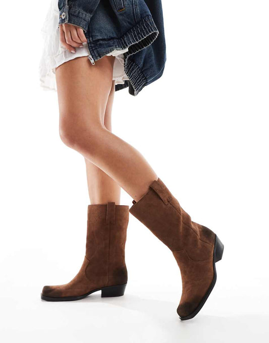 Pull&Bear suede mid calf boots in brown