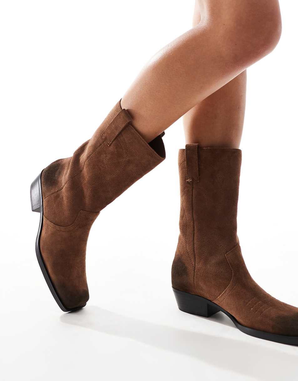 Pull&Bear suede mid calf boots in brown