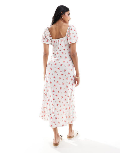Miss Selfridge tie front maxi dress with puff sleeves in delicate floral print