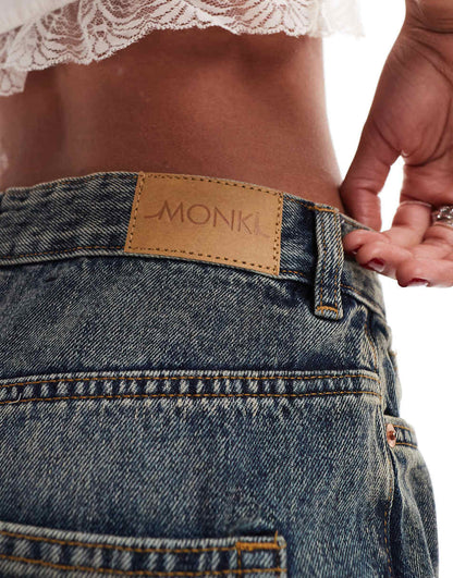 Monki Giga low waisted baggy wide fit jeans in washed blue