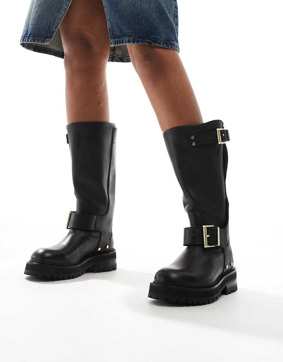 AllSaints Tay leather buckle biker boots in black