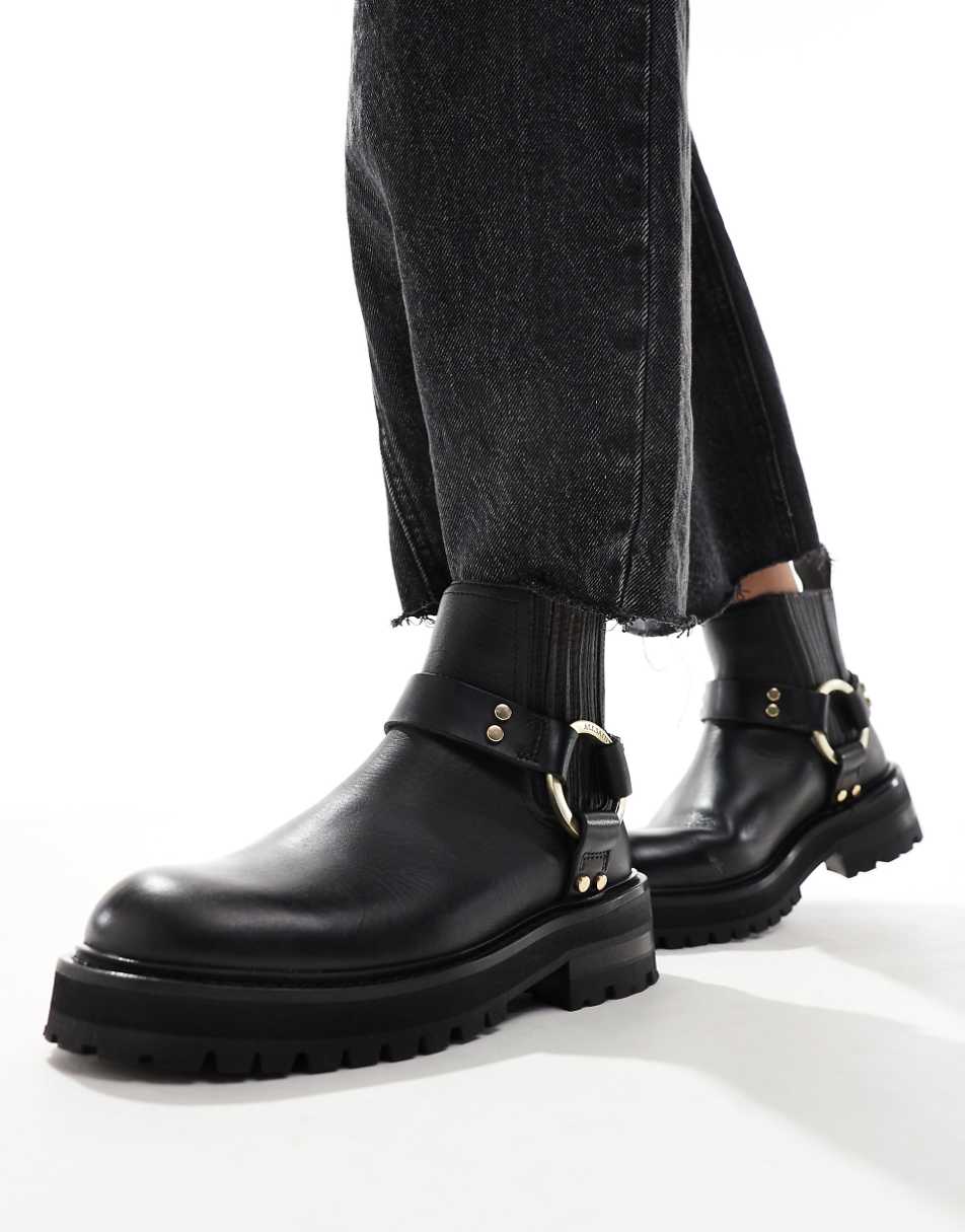 AllSaints Maddie leather harness biker boots in black