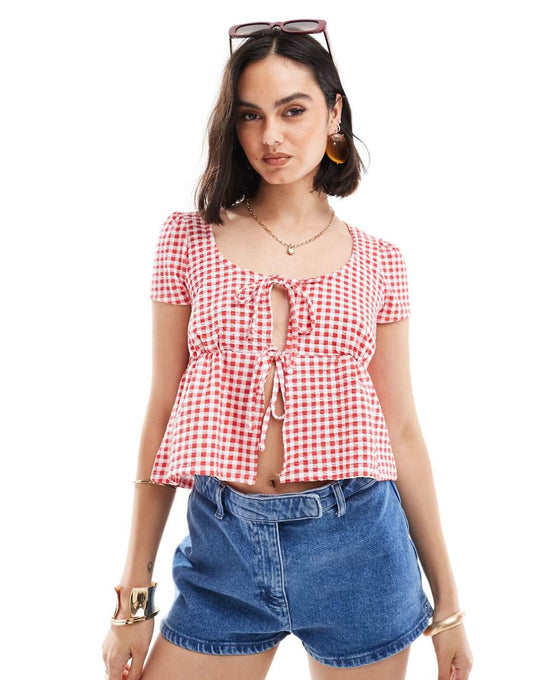 ASOS DESIGN milkmaid tie front top in red gingham print