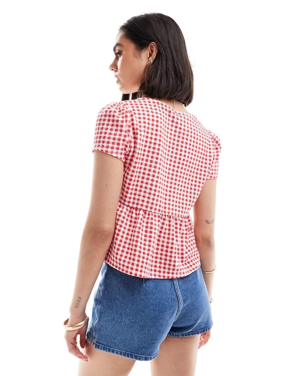 ASOS DESIGN milkmaid tie front top in red gingham print