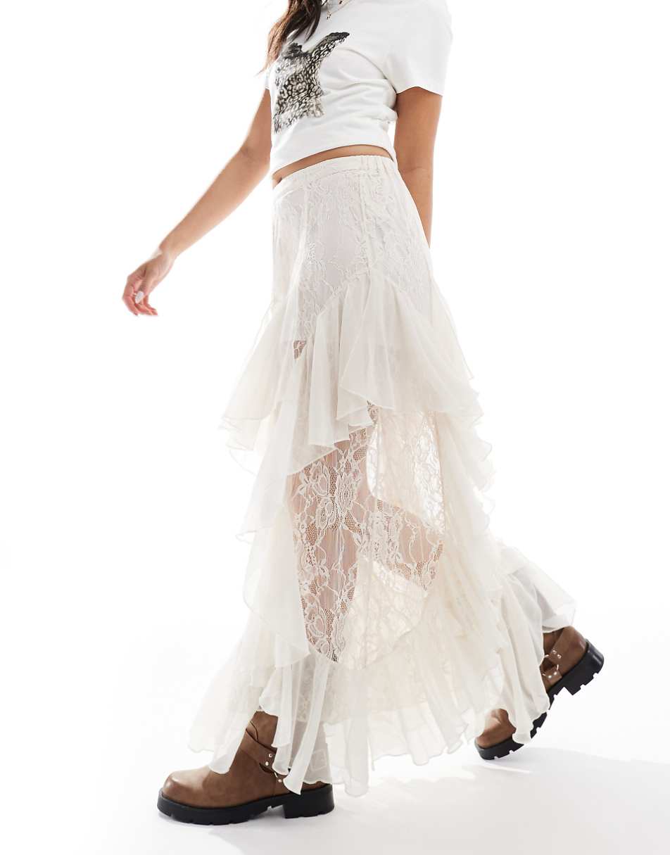 Miss Selfridge lace and chiffon mix maxi skirt in ivory