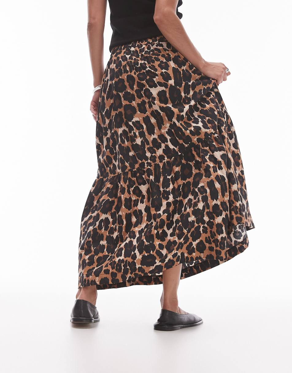 Topshop tiered midi skirt in leopard