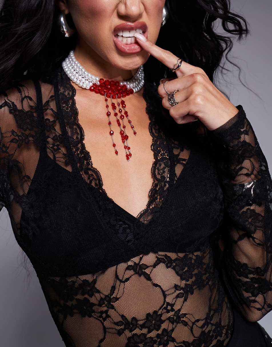 ASOS DESIGN Halloween choker necklace with faux pearl and red bead design