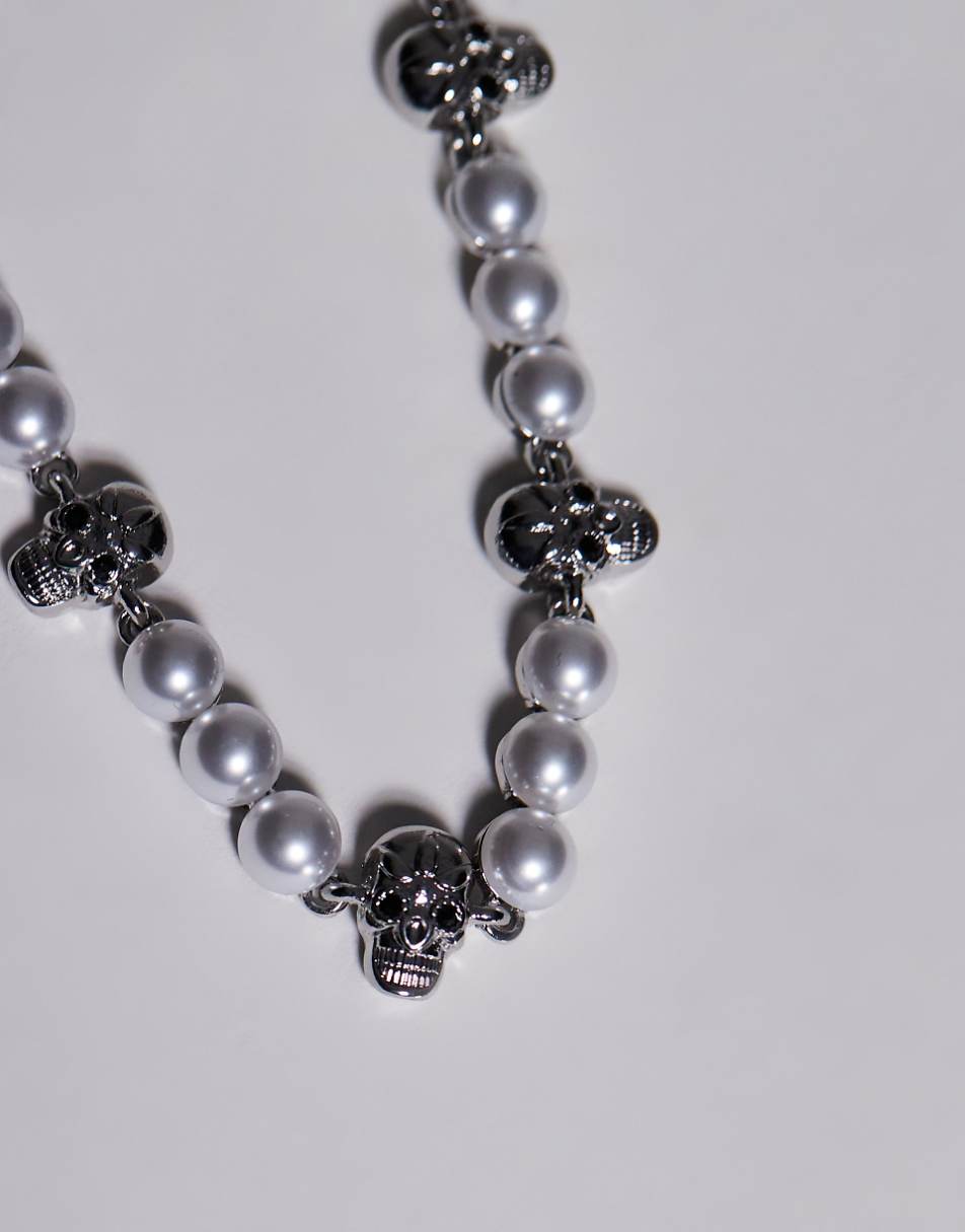 ASOS DESIGN Halloween choker necklace with faux pearl and skull design in silver tone