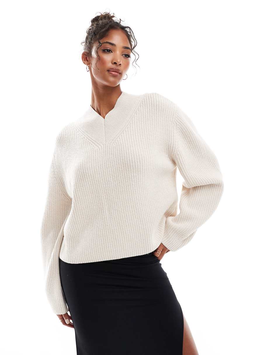 & Other Stories wool blend ribbed knit sweater with high V-neck and deep cuffs detail in off-white