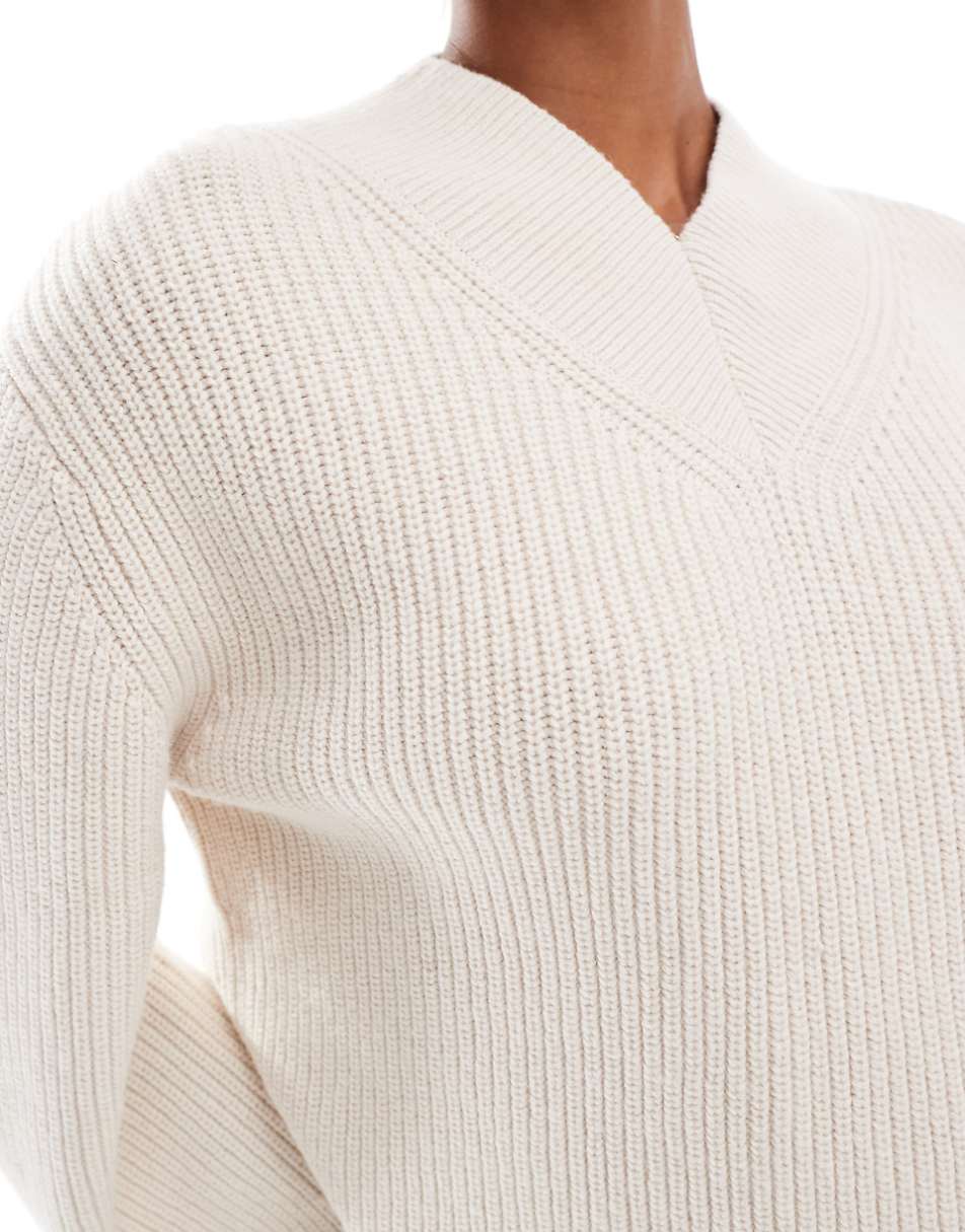 & Other Stories wool blend ribbed knit sweater with high V-neck and deep cuffs detail in off-white