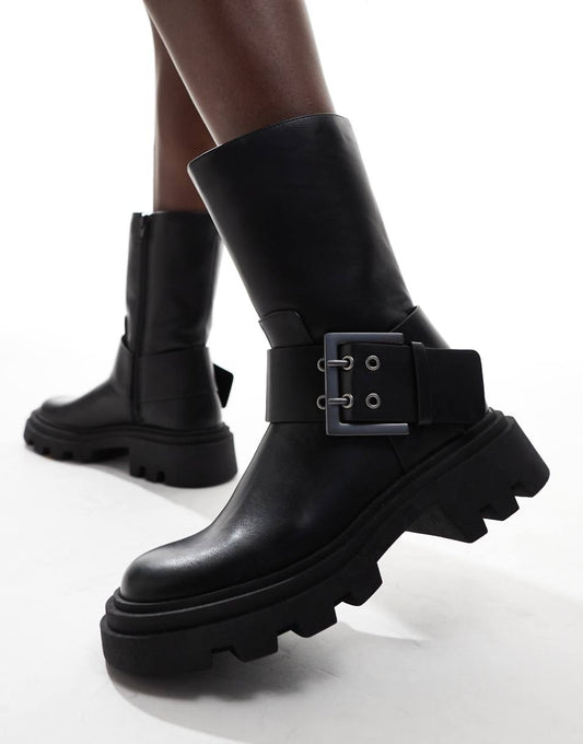 Stradivarius ankle boot with buckle detail in black